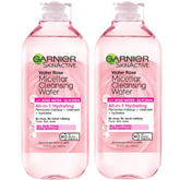 Garnier micellar water rose water bottle close-up, hydrating cleanser for all skin types