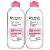 Garnier Micellar Water two-bottles close-up showing gentle makeup removal action
