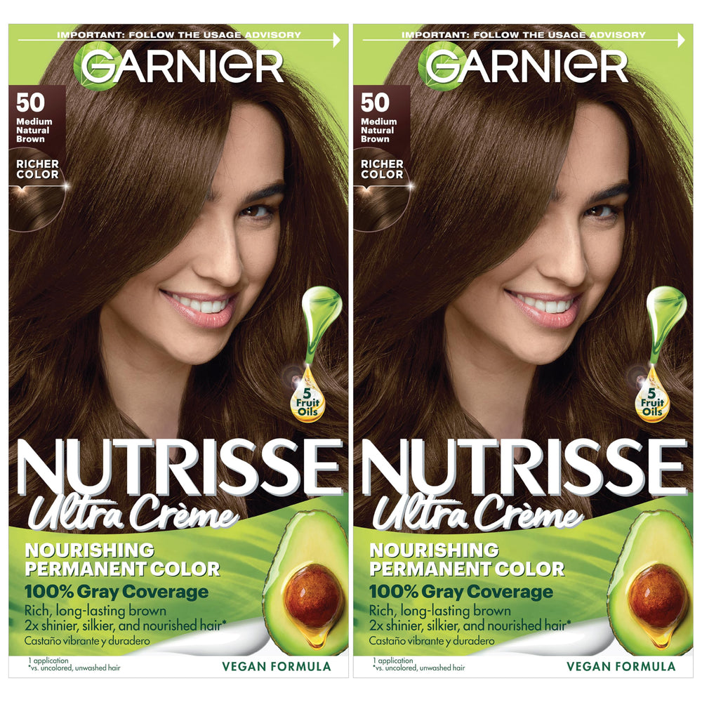 Garnier Nutrisse Nourishing Creme box shows 50 Medium Natural Brown shade for natural-looking color