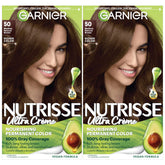 Garnier Nutrisse Nourishing Creme box shows 50 Medium Natural Brown shade for natural-looking color