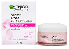 Garnier rose-water-cream on face demonstrates smooth, non-greasy finish.
