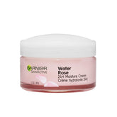Garnier rose-water close-up highlights natural hydration for refreshed skin.