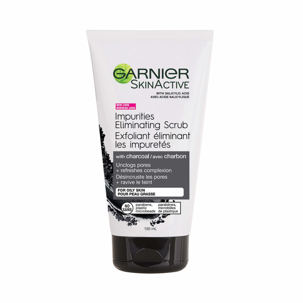 Garnier SkinActive Charcoal Scrub jar close-up helps purify pores and smooth skin.
