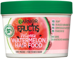 Garnier Watermelon Hairfood 3in1 bottle close-up showing shine and vegan formula