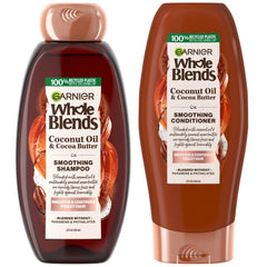 Garnier Whole Blends coconut oil shampoo bottle showing frizz-control potential