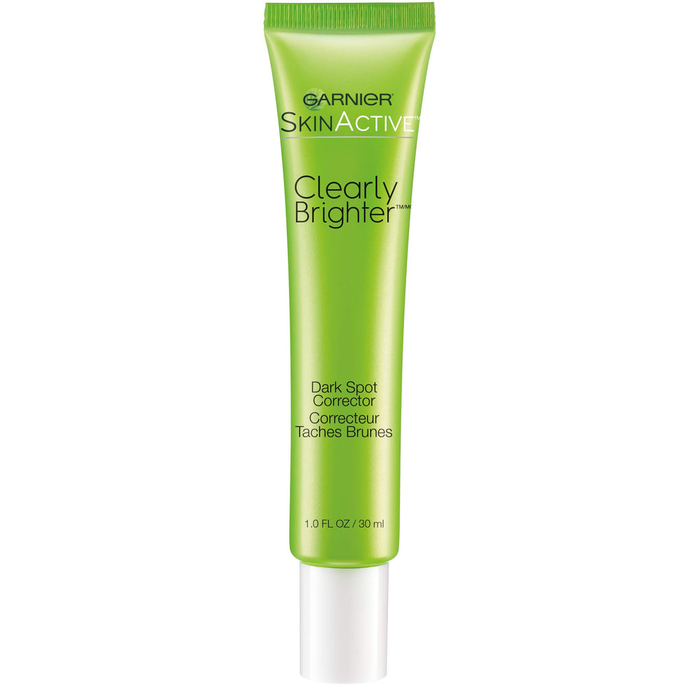 Garnier SkinActive Clearly Brighter bottle shows dark spot reduction and brightening.