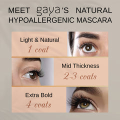 Gaya Cosmetics vegan black mascara brush closeup shows clump-free definition.