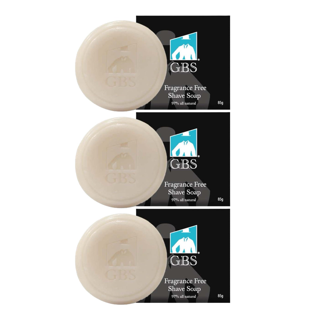 G.B.S GENTS shaving soap set packaging highlights fragrance-free premium care for sensitive skin.