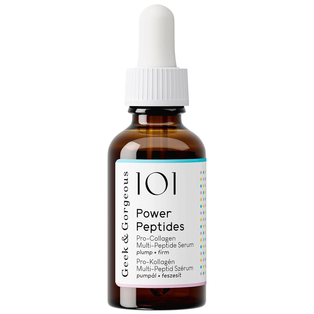 Geek & Gorgeous Power Peptides Serum bottle close-up highlighting firming potential
