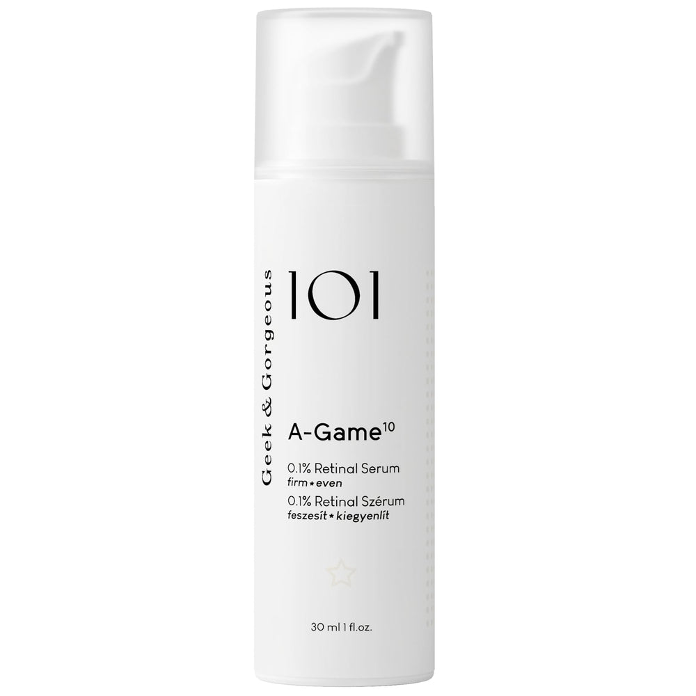 Geek & Gorgeous A-Game retinal serum bottle for smooth, refined skin texture.