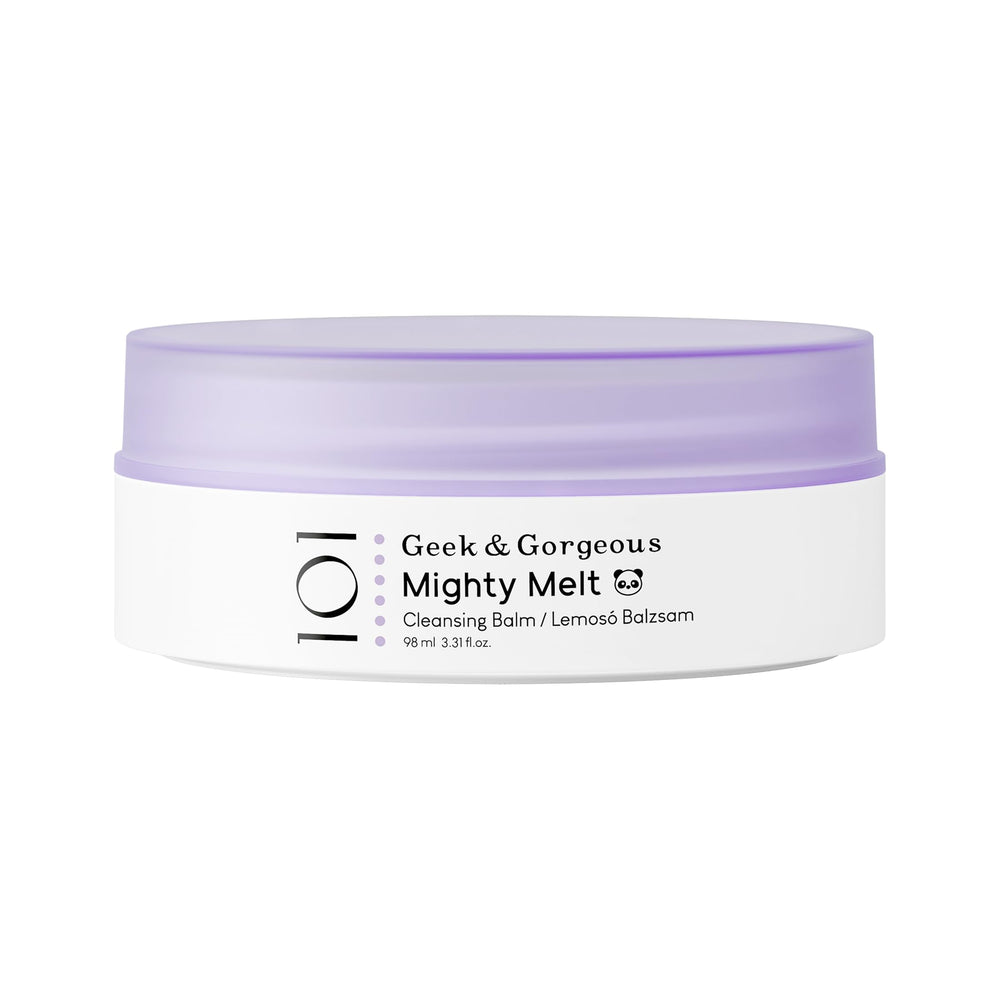 Geek & Gorgeous Mighty Melt jar open shows balmy texture for makeup removal.