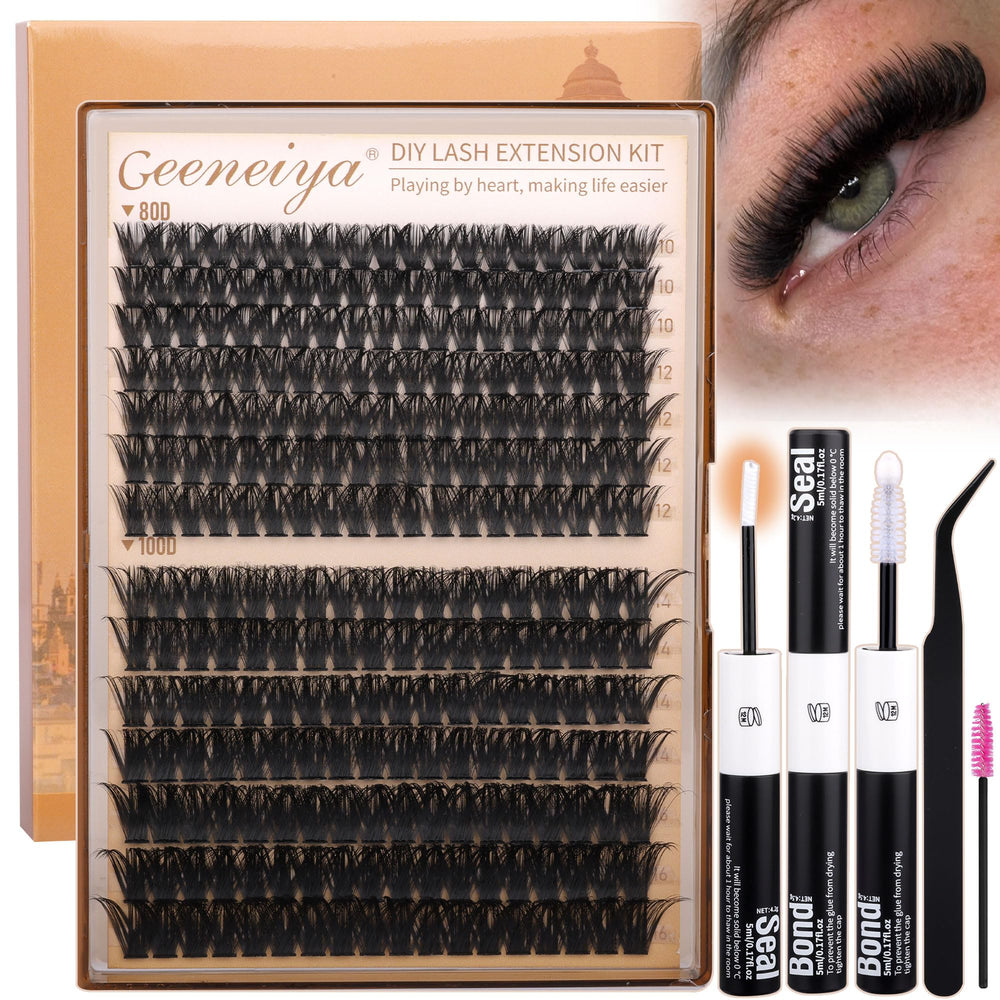 Geeneiya Volume Lash Clusters Kit in use for easy at-home lash extensions.