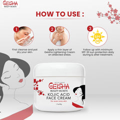 OMIC Geisha Kojic Acid Cream tube application shown for nightly care.