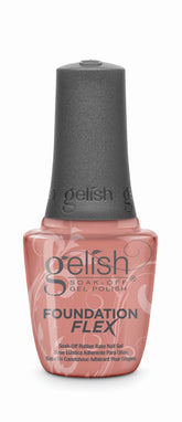 Gelish Foundation Flex bottle closeup highlighting vegan, 10-free formula for flexible nail protection.
