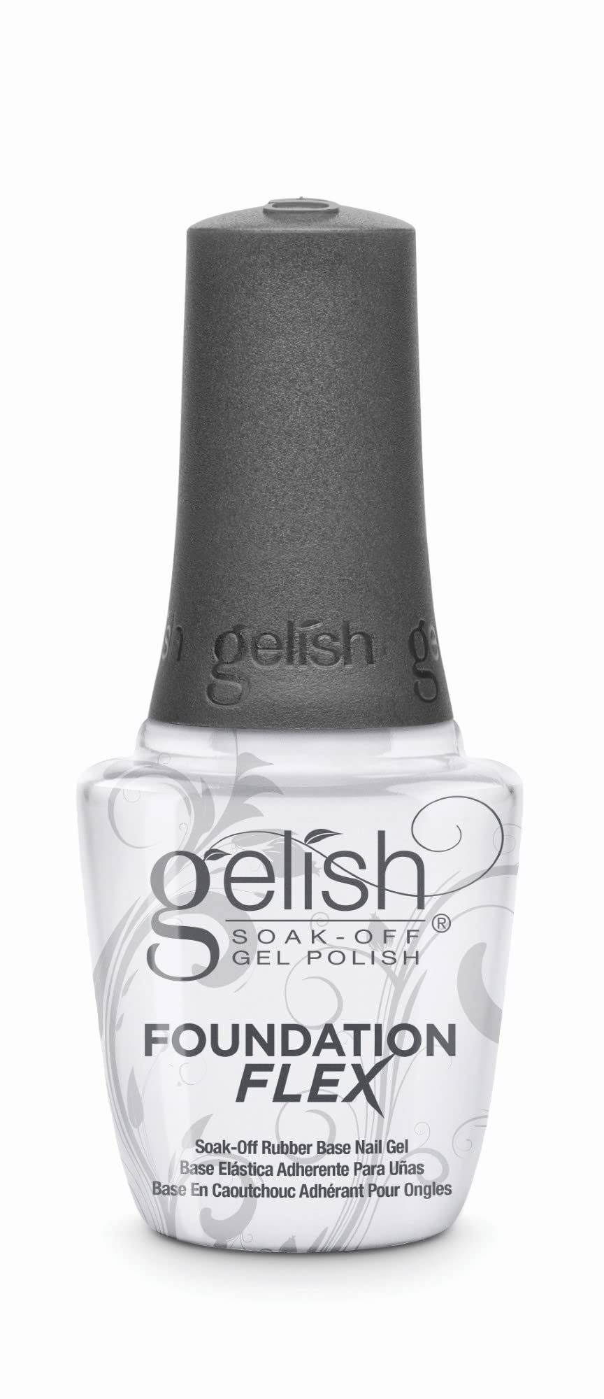 Gelish Foundation Flex bottle close-up highlighting flexible base coat for protective, second-skin feel.