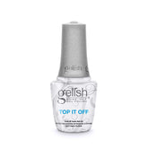 Gelish Top It Off bottle close-up delivers lasting high-gloss protection for gel nails.