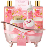 Generic rose-jasmine luxury bath-basket closeup shows an elegant spa gift set for relaxation.