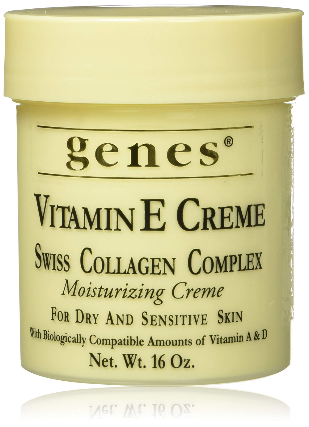 Genes Vitamin E Creme Swiss Collagen bottle highlights rich moisturizing formula for dry skin