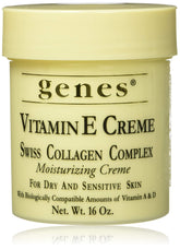Genes Vitamin E Creme Swiss Collagen bottle highlights rich moisturizing formula for dry skin
