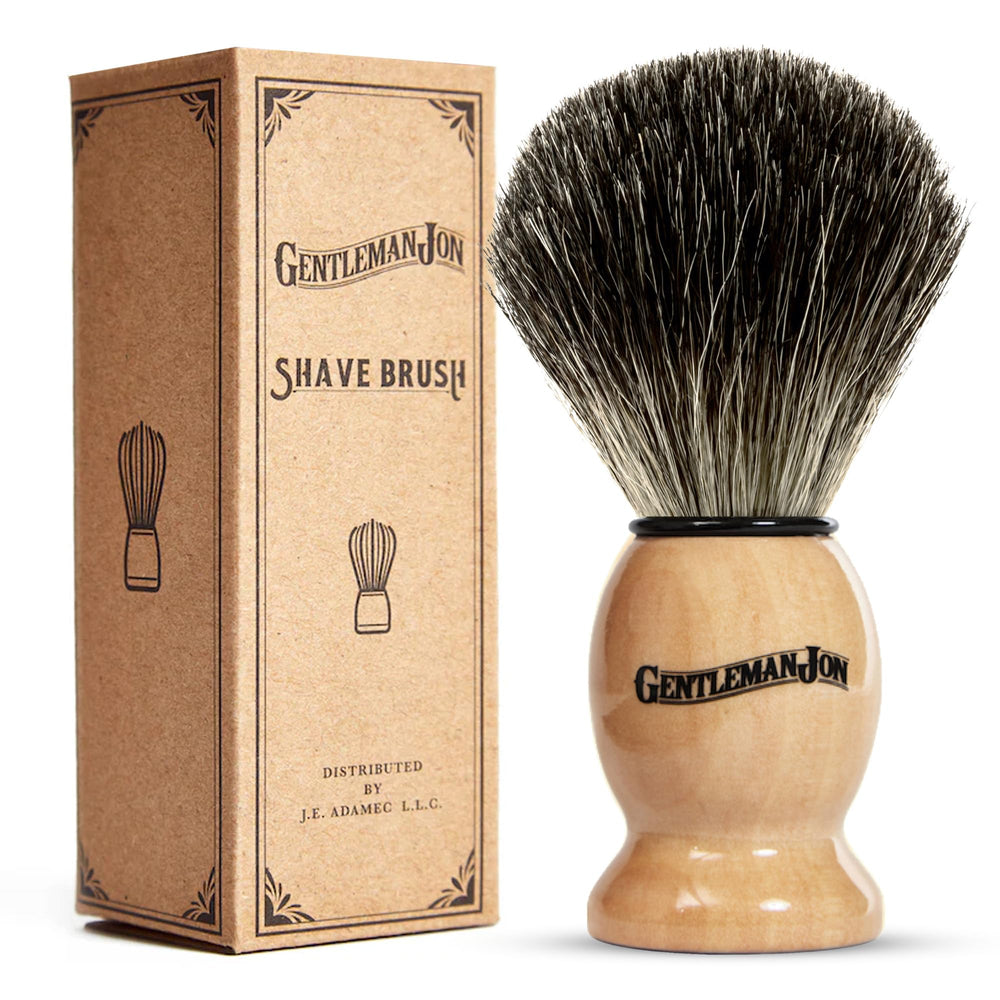 Gentleman Jon badger brush with wooden handle shows premium construction and soft bristles for rich lather.