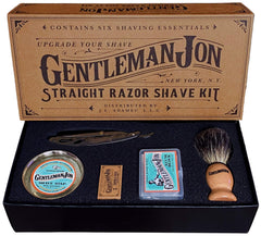Gentleman Jon straight razor kit laid out for travel friendly traditional shave