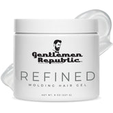 Gentlemen Republic refined hair gel bottle front with lasting shine and professional hold.