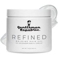 Gentlemen Republic Refined Hair Gel bottle front shows premium hold for polished hairstyles.