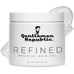 Gentlemen Republic refined hair gel bottle front with lasting shine and professional hold.