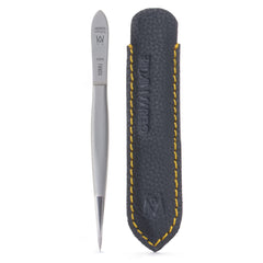 GERMANIKURE pointed tweezers in leather case for precise grooming and on-the-go use.