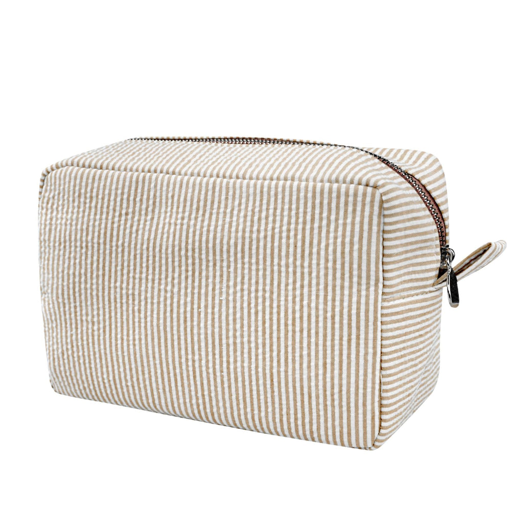 GFU cosmetic bag seersucker brown front view highlights portable travel storage for cosmetics.
