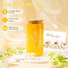 GiftPeak 16oz coffee glass cup is sturdy and leak-resistant for hot or cold drinks.