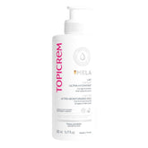 Topicrem GIGATEMP Mela ultra-hydrating milk bottle; fast absorption for lasting moisture.