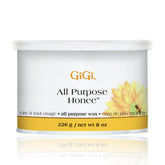 GiGi All Purpose Honee Wax 8oz jar closeup; honey-infused formula for smoother at-home waxing.