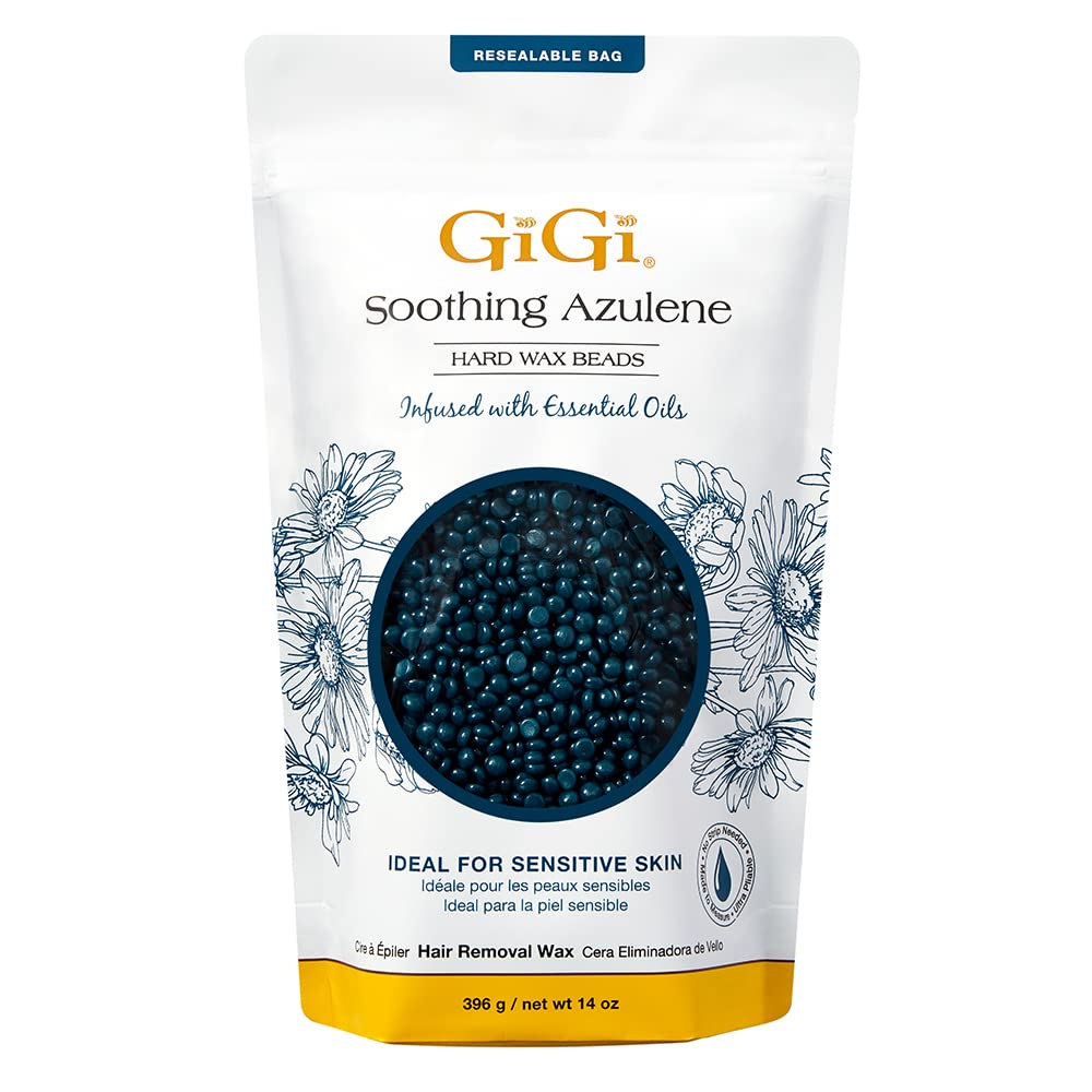 GIGI hard wax beads packaging highlights azulene formula for gentle home waxing.