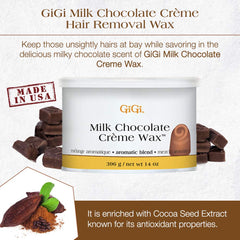 GIGI Milk Chocolate Creme Wax texture closeup shows creamy consistency ideal for coarse hair.