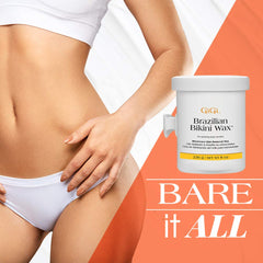 GIGI Brazilian Bikini Wax Microwave Formula delicate-area close-up highlights removal near sensitive skin.