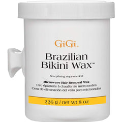 GIGI Brazilian Bikini Wax Microwave Formula pack-shot shows salon-grade wax for convenient at-home waxing.