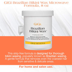 GIGI Brazilian Bikini Wax Microwave Formula microwave-melt-action highlights quick, even melting for fast applications.