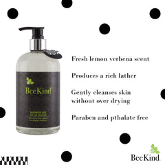 BeeKind shower gel being poured for a rich lather and refreshed skin.