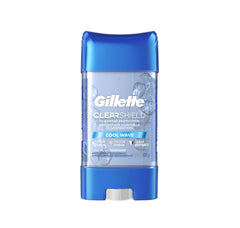 Gillette Clear + Dri-Tech Cool Wave bottle closeup showing a clear, dry finish.