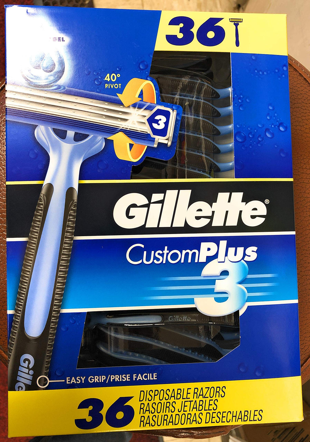 Gillette Custom Plus3 disposable razors 36-count box for quick daily grooming.