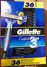 Gillette Custom Plus3 disposable razors 36-count box for quick daily grooming.