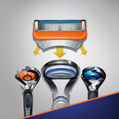 Gillette Fusion 5 Power cartridges blade edge closeup emphasizes flexible guard for comfortable shave.