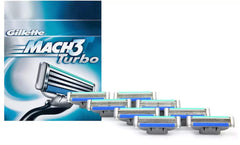 Gillette Mach 3 Turbo refill shown as new-in-box packaging ready for replacement.