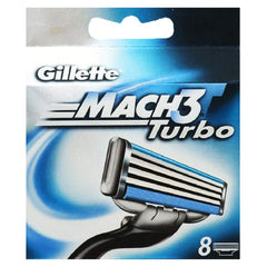 Gillette Mach 3 Turbo refill packaging varies, eight cartridges ready for your next shave.