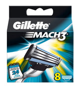 Gillette Mach3 blades pack 8 front view shows long-lasting blades for up to 15 comfortable shaves.