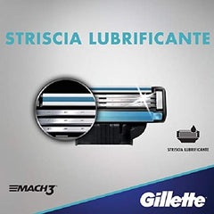 Gillette Mach3 blades pack 8 side view highlights durable refills for a smooth everyday shave.