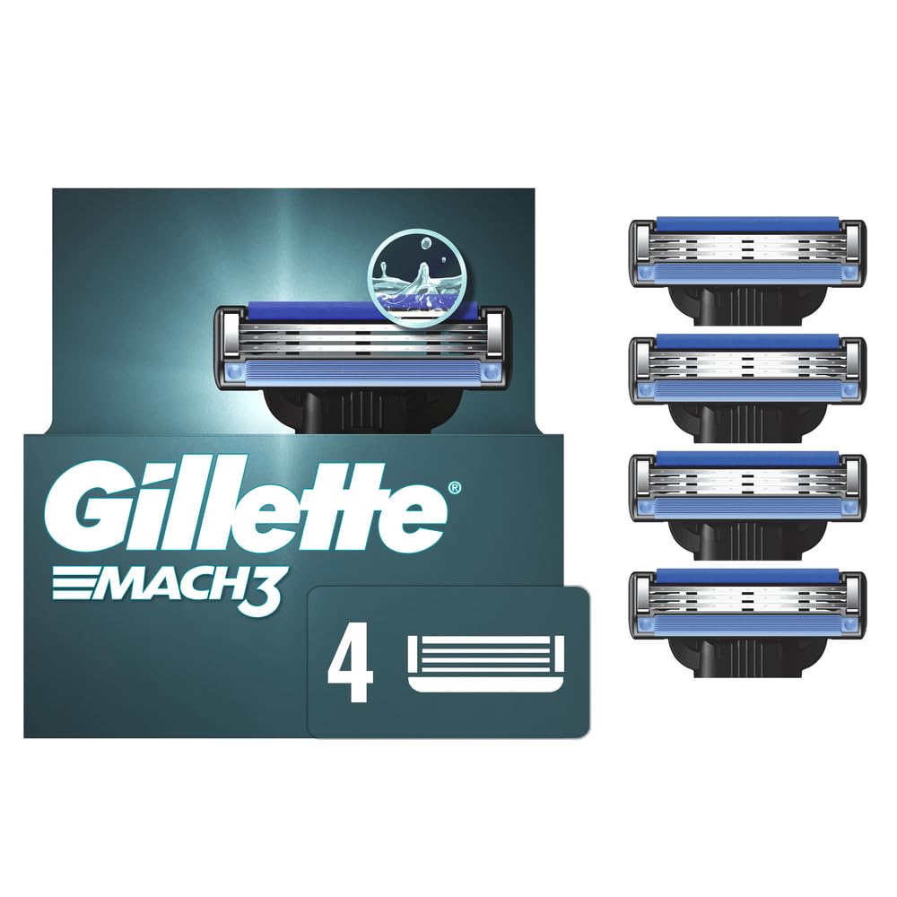 Gillette Mach3 refills close-up with upgraded Lubrastrip for smoother glide.