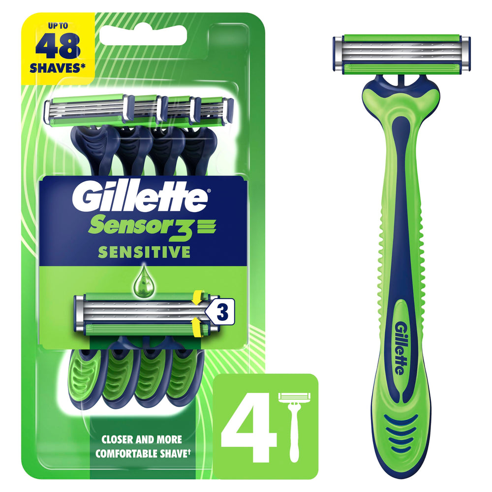 Gillette Sensor3 Sensitive front packaging showing 4-pack and features
