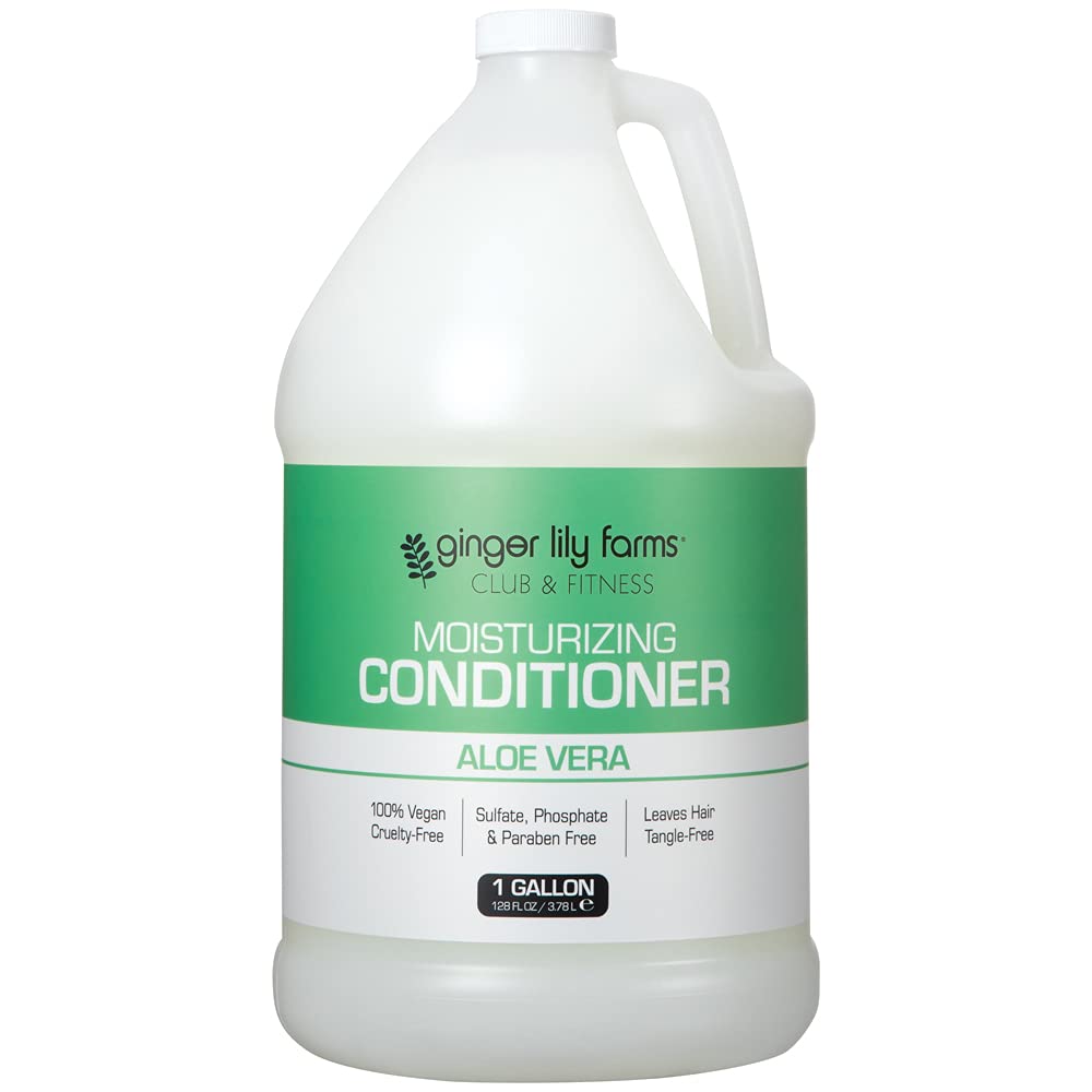 Ginger Lily Farms Club & Fitness conditioner bottle on shelf; weightless hydration for salon or home use.